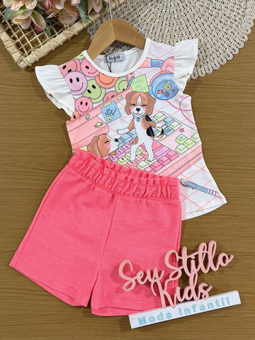 Conjunto Infantil Kukiê com Shorts Rosa e Blusa Manga Curta Cachorrinhos
