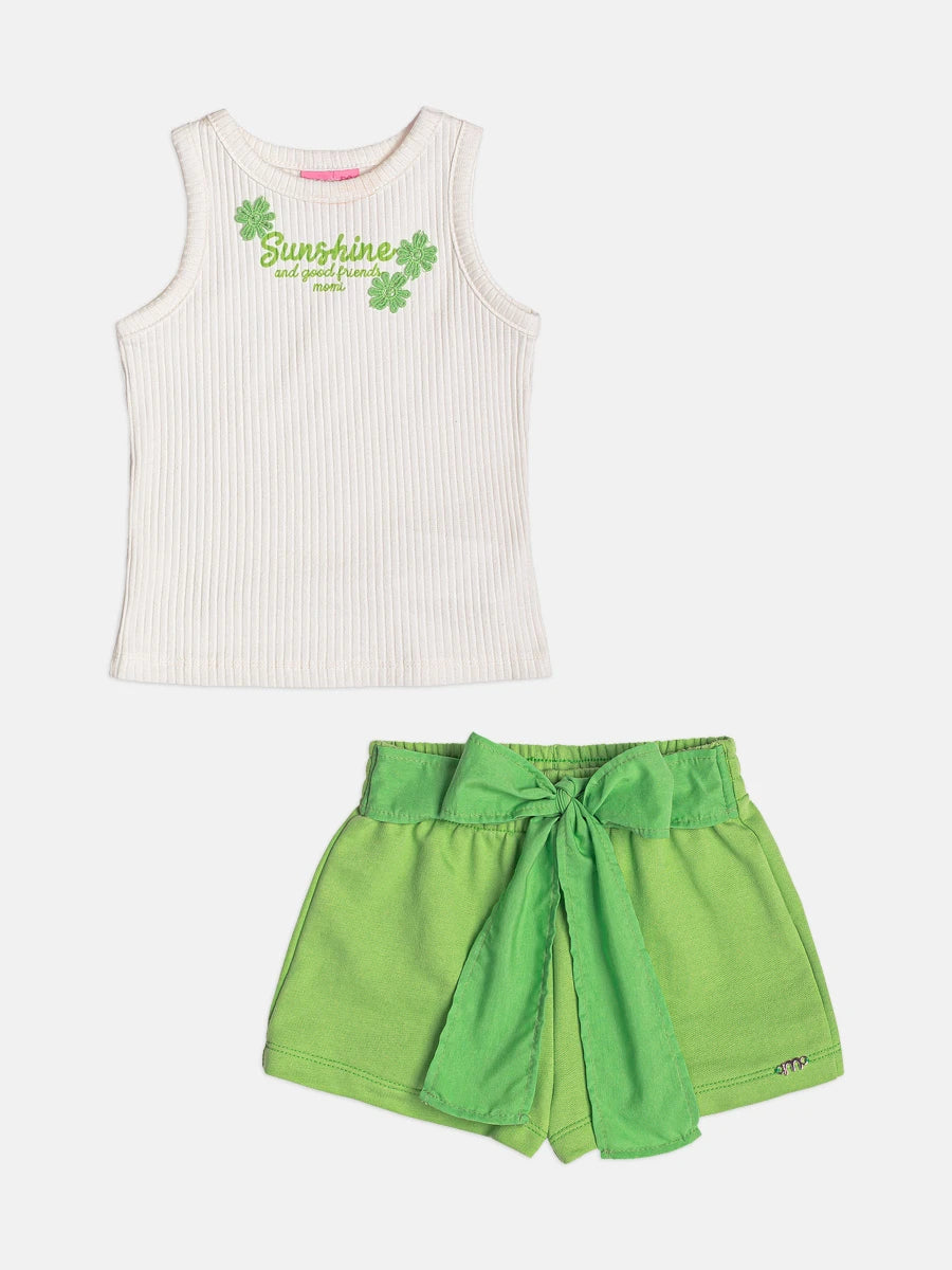 Conjunto Infantil Menina Momi, Shorts Verde com Lacinho e Regata Sunshine