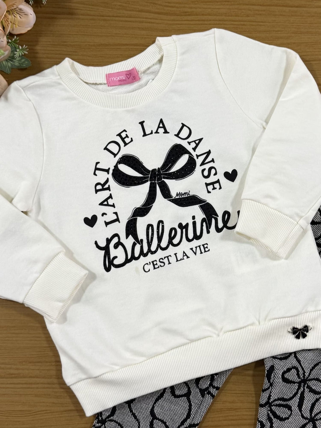 Conjunto Infantil Momi Inverno Calça e Blusa Branca Laços com Strass