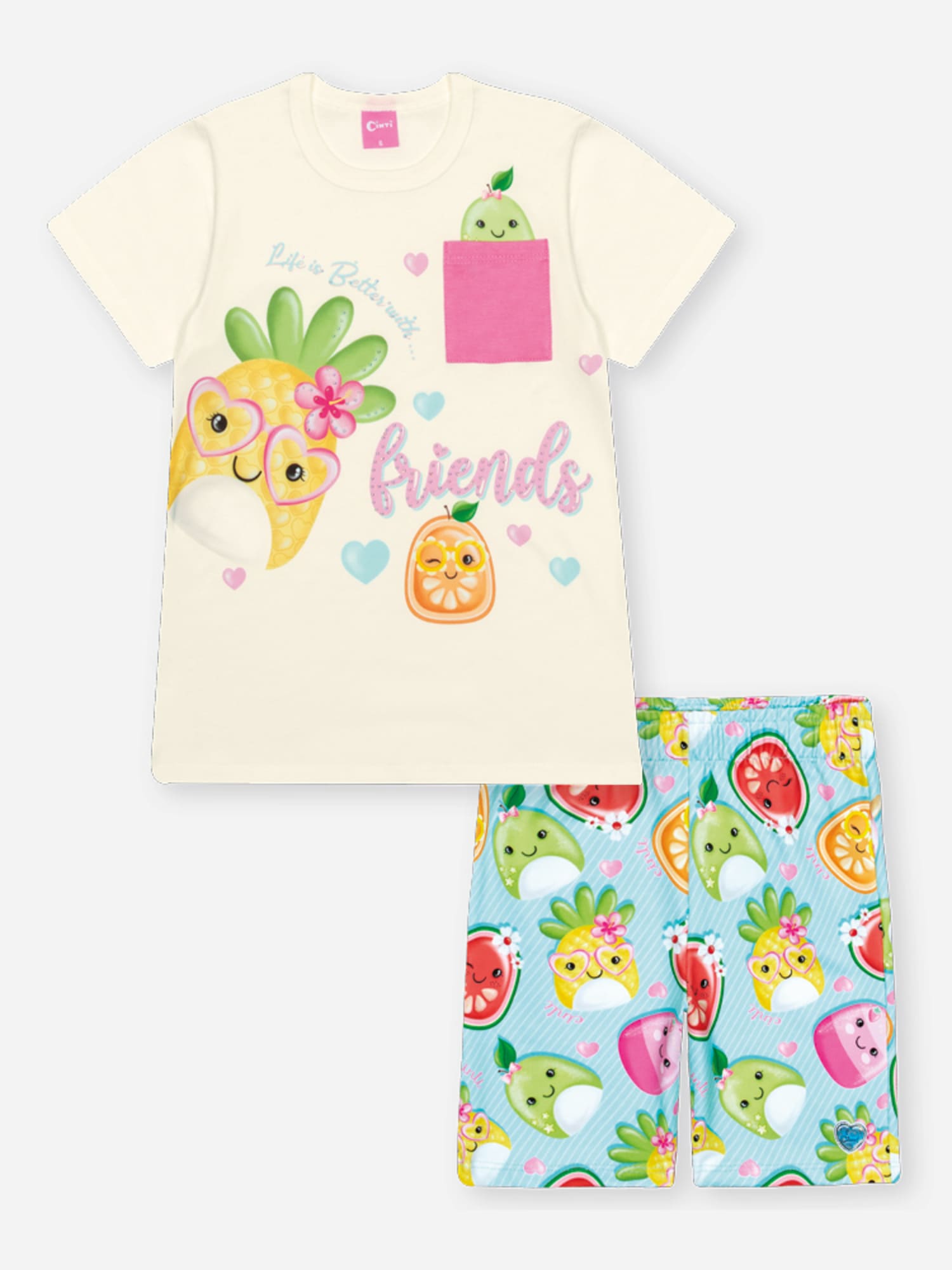 Conjunto Infantil Cinti Verão com Shorts Ciclista Azul e Blusa Branca Frutinhas
