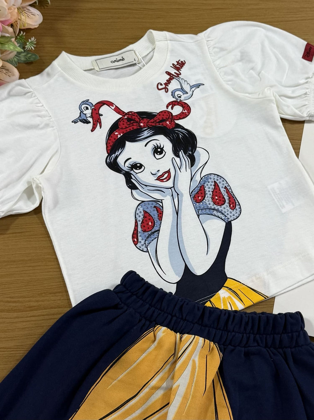 Conjunto Infantil Animê Saia e Blusa Manga Curta Branca de Neve Disney