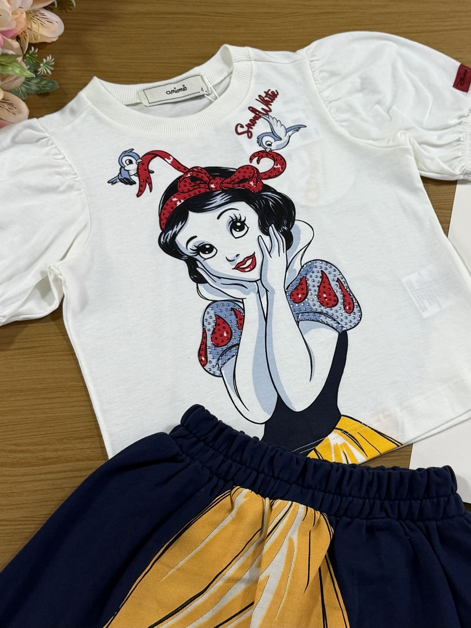 Conjunto Infantil Animê Saia e Blusa Manga Curta Branca de Neve Disney