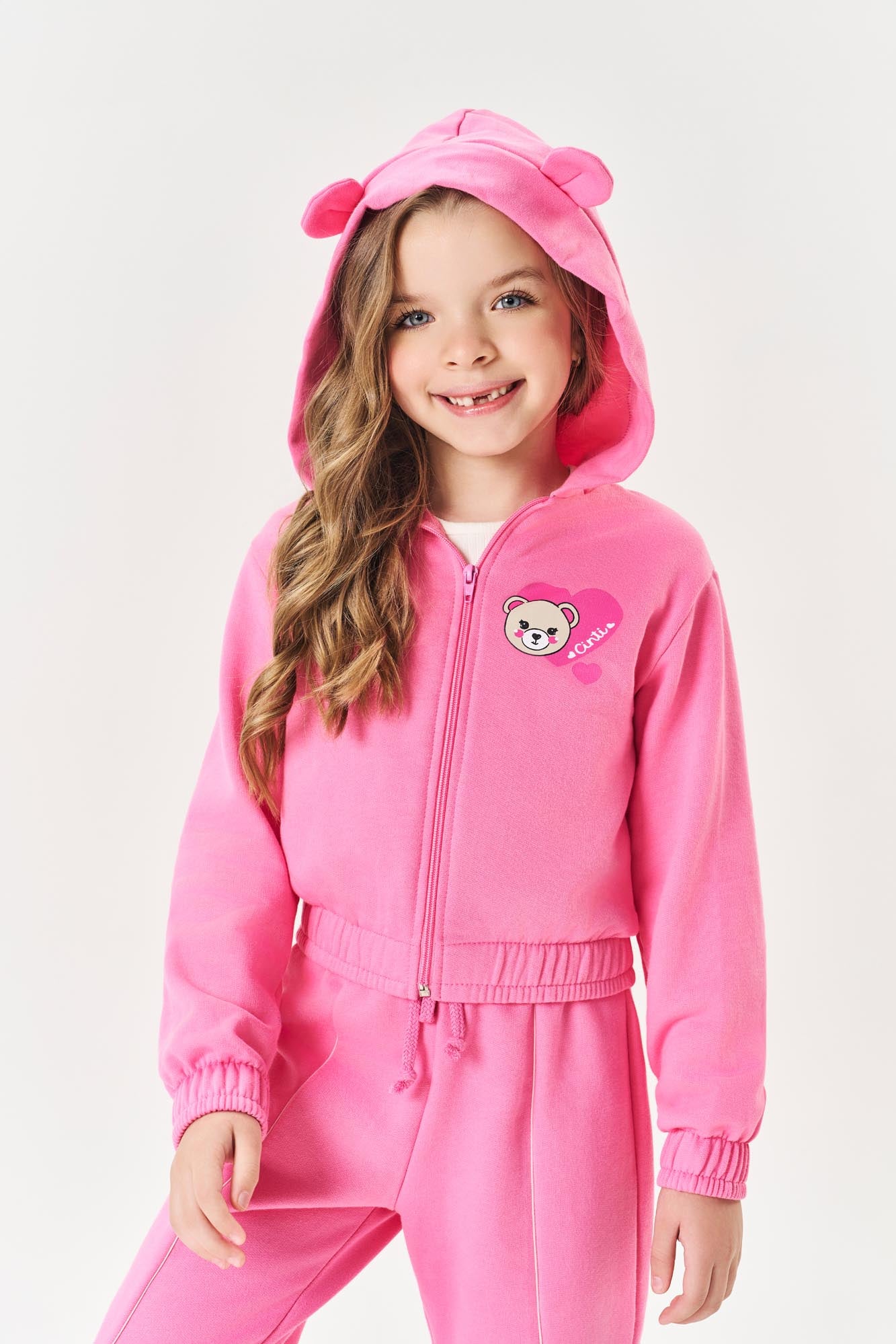 Conjunto Infantil Cinti Inverno com Calça e Jaqueta Rosa Ursinho Coração
