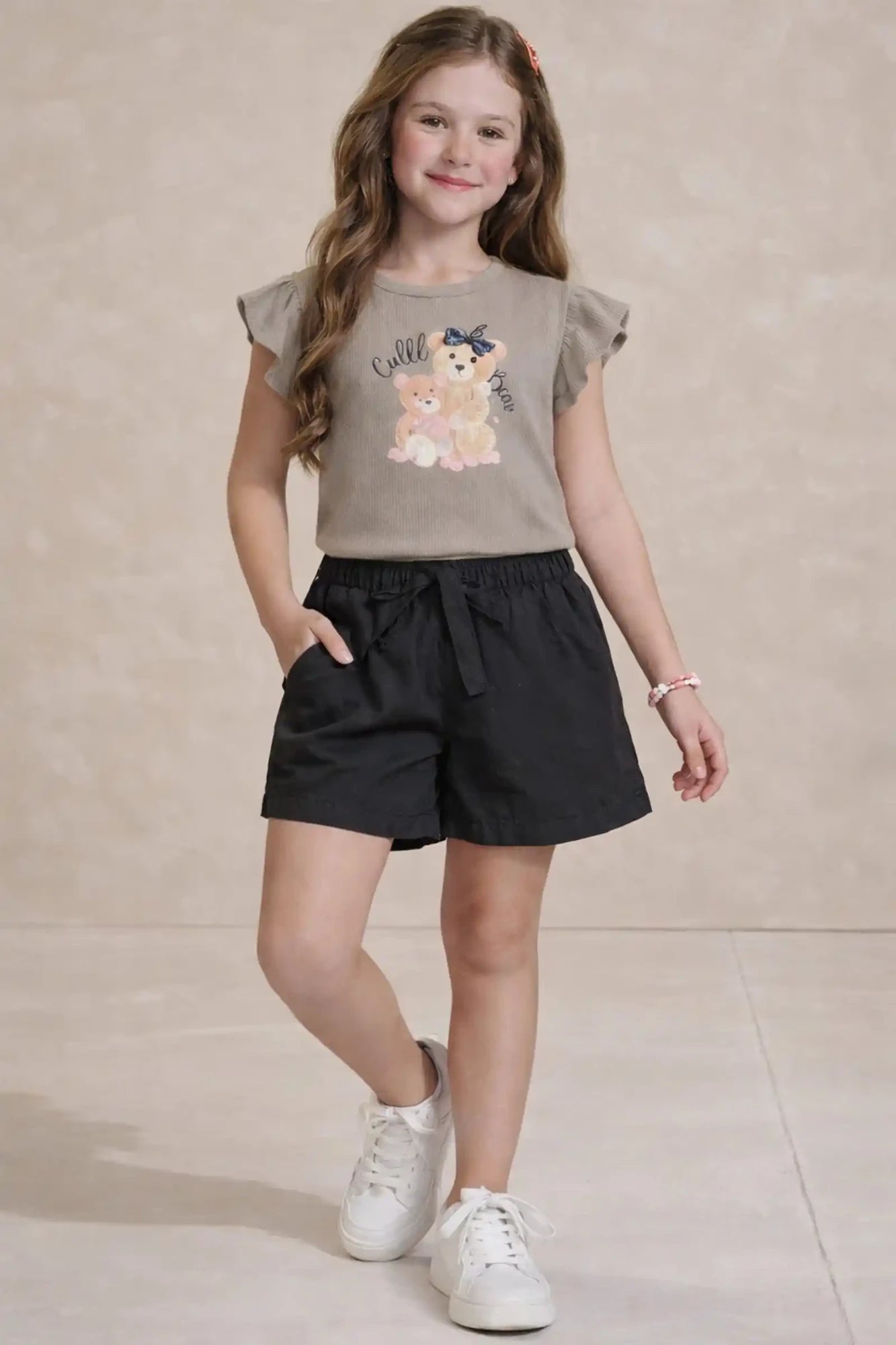 Conjunto Infantil Kukiê com Shorts Preto e Blusa Cute Bear