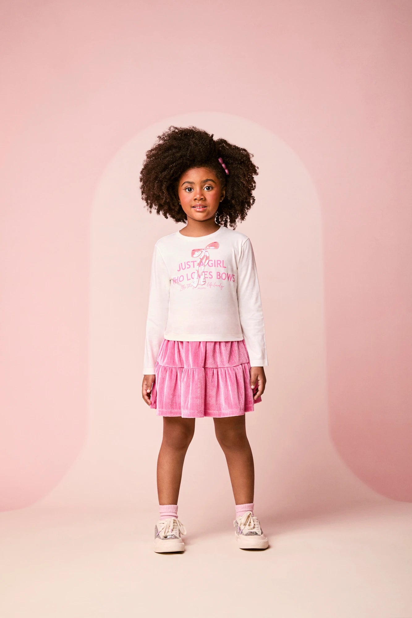 Conjunto Infantil Momi Inverno com Saia Rosa e Blusa Manga Longa Lacinho Paetê