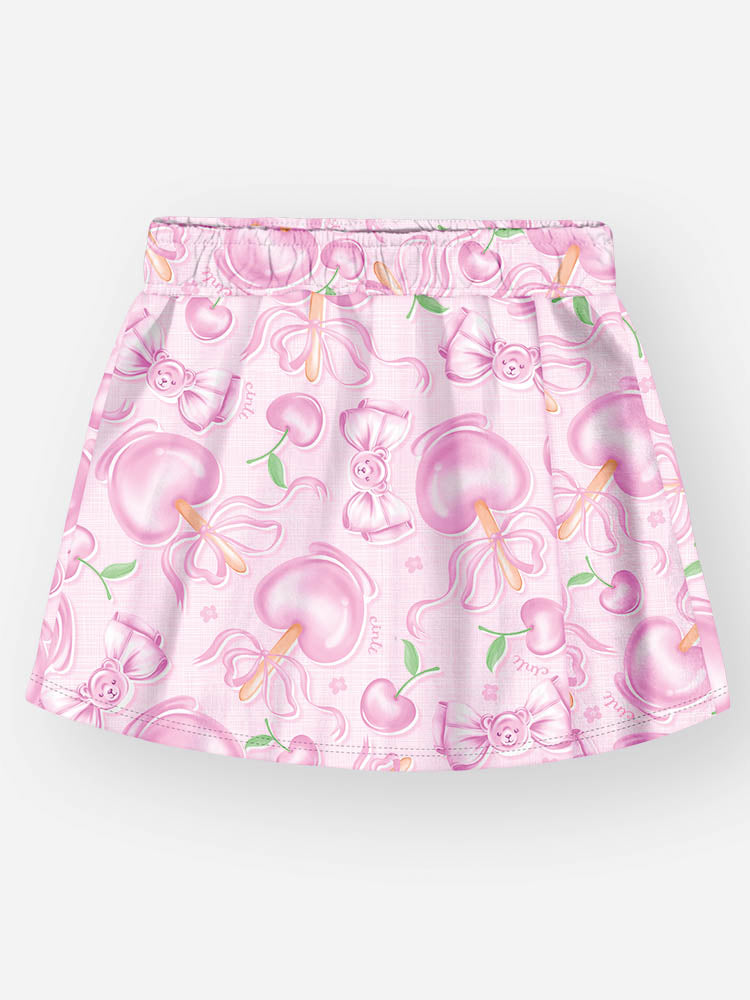 Conjunto Infantil Cinti Verão com Shorts Saia Rosa e Blusa Branca Ursinha Docinho
