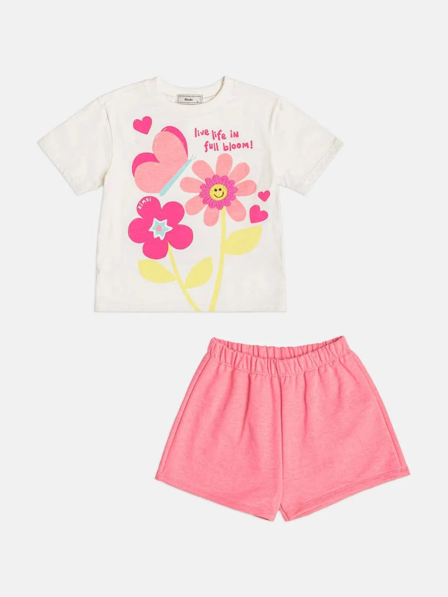Conjunto Infantil Menina Bimbi com Shorts Rosa e Blusa Branca Jardim