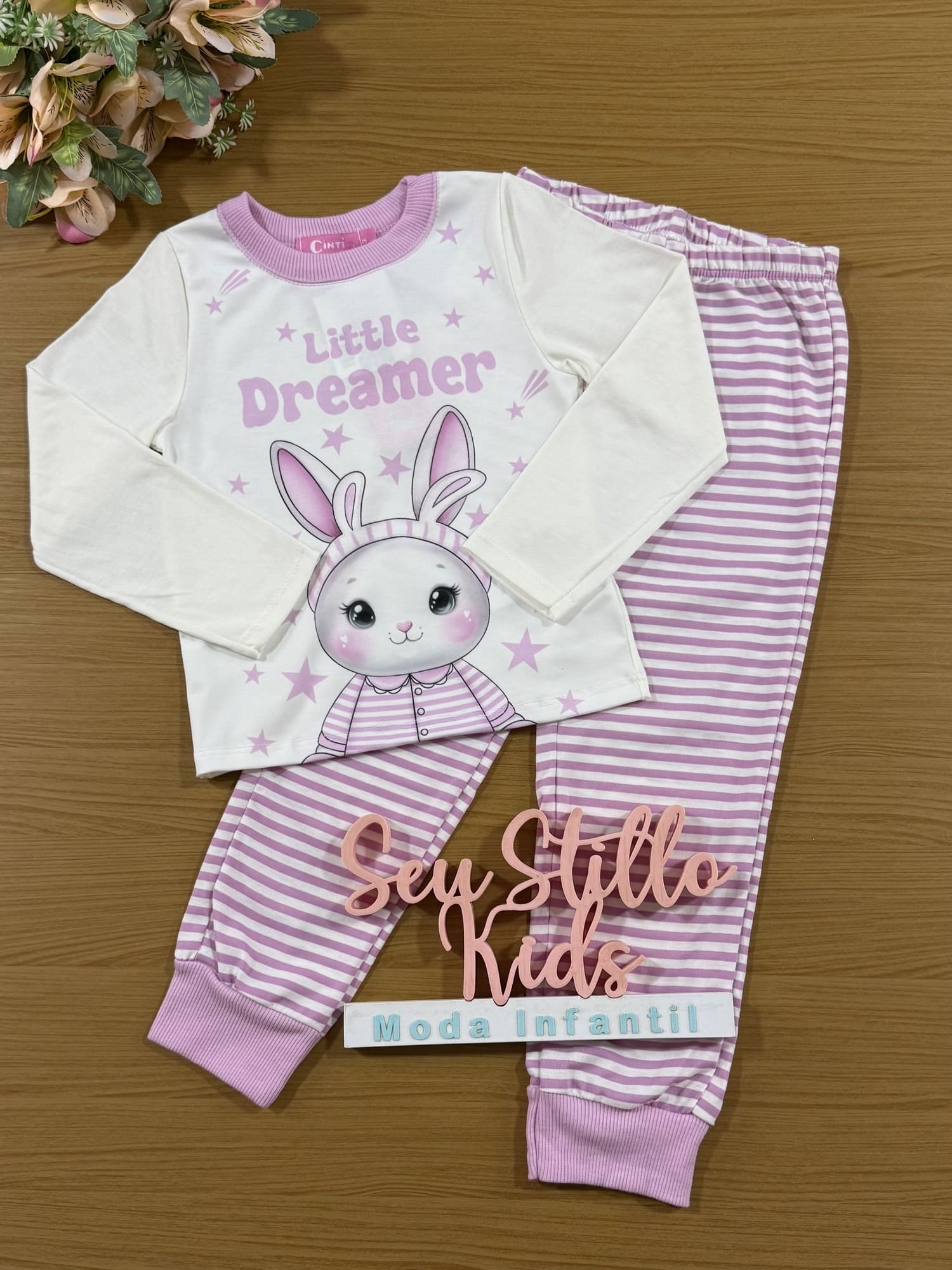 Pijama Infantil Cinti Inverno Calça Lilás e Blusa Coelho