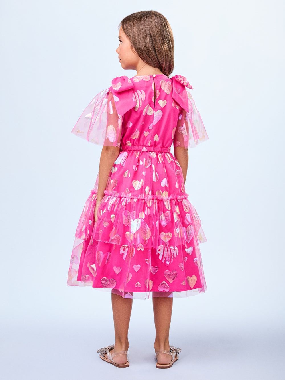 Vestido Infantil Animê Verão Tule Corações Pink