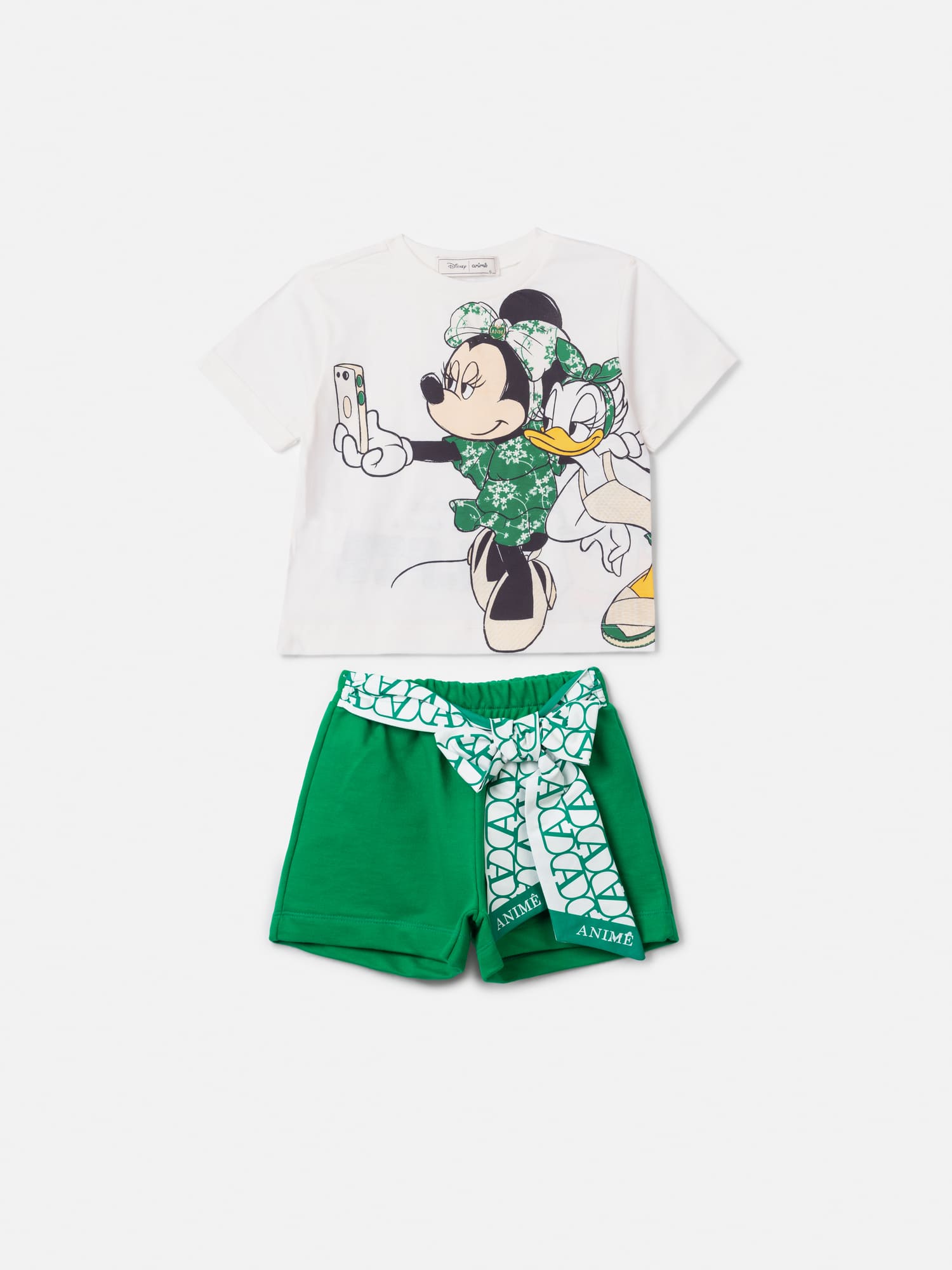 Conjunto Infantil Animê Verão Shorts Verde com Laço e Blusa Branca Minnie e Daisy Disney