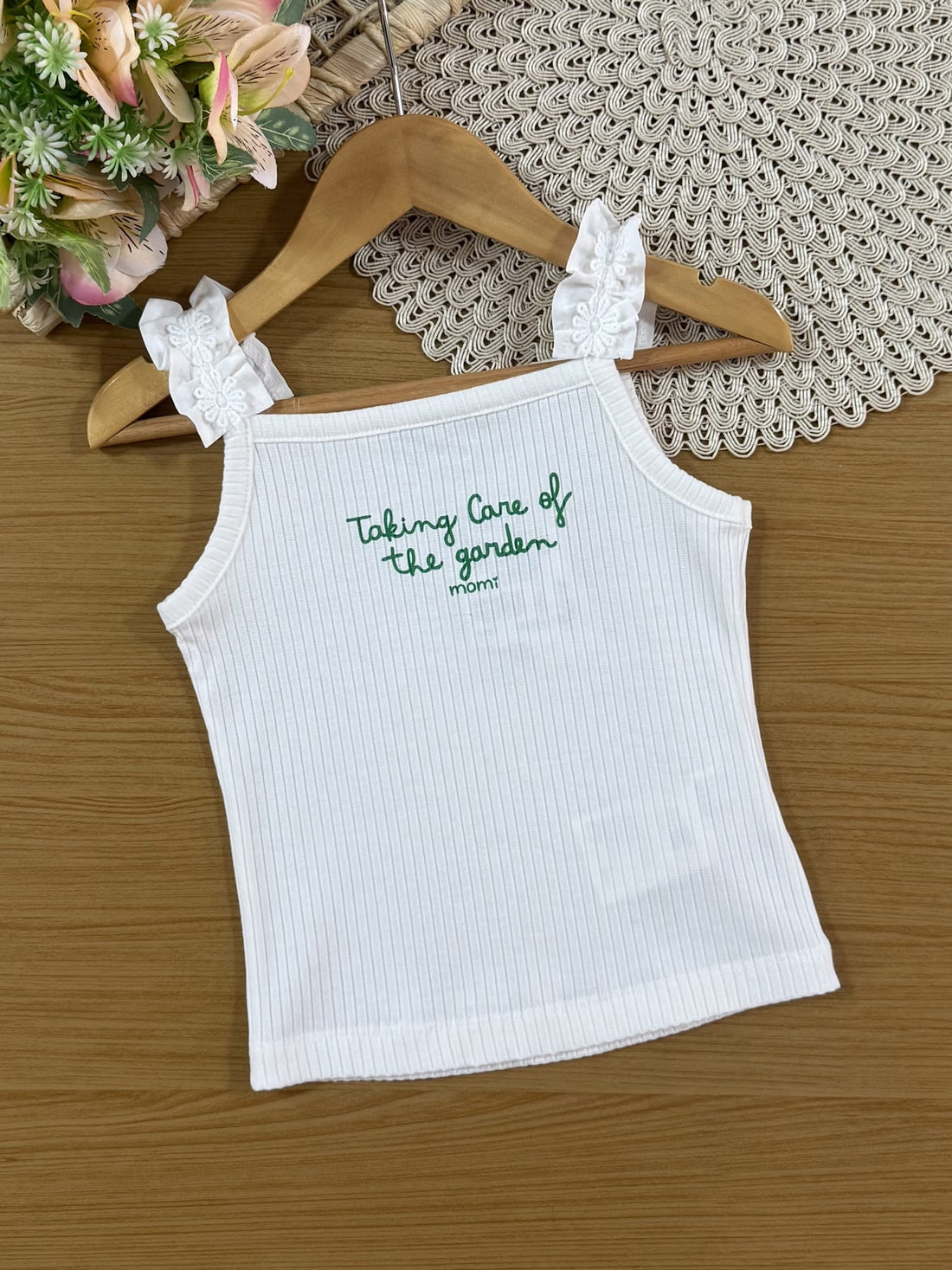 Conjunto Infantil Momi Verão com Short-Saia Verde e Regata Canelada Branca
