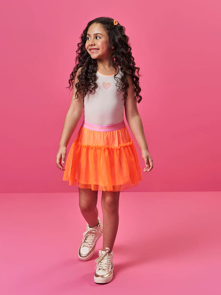 Conjunto Infantil Cinti Verão com Saia Laranja em Tule e Regata Coração