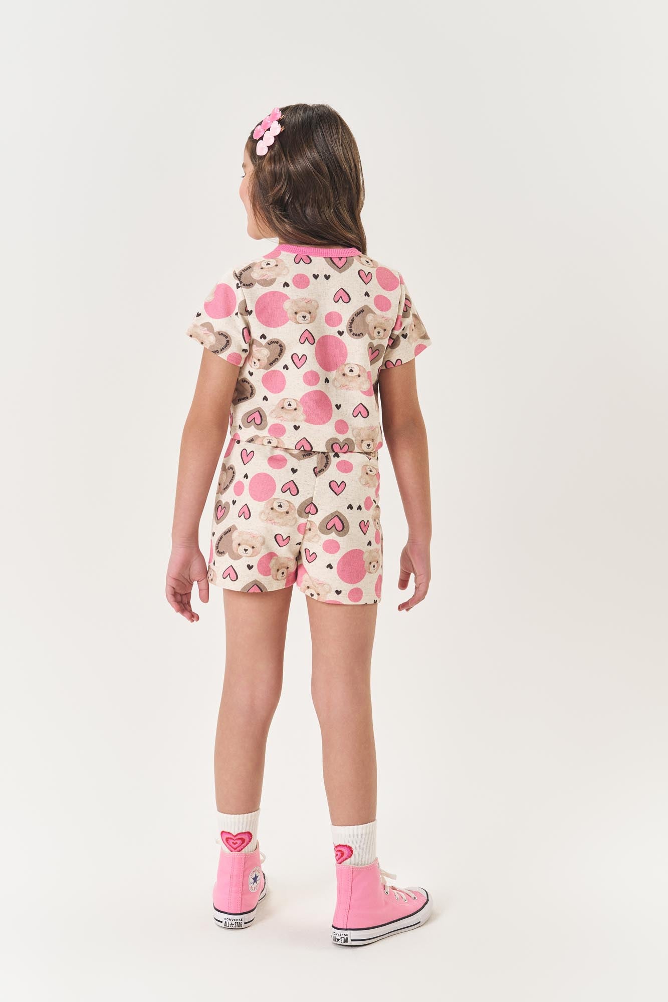 Conjunto Infantil Cinti Inverno Shorts e Cropped Corações Ursinhos