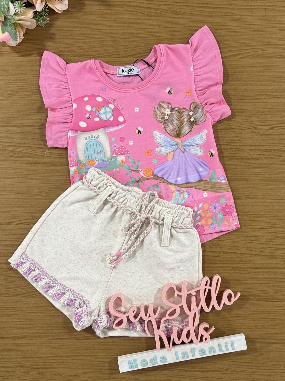 Conjunto Infantil Kukie Alecrim Verão Shorts e Blusa Rosa Fadinha