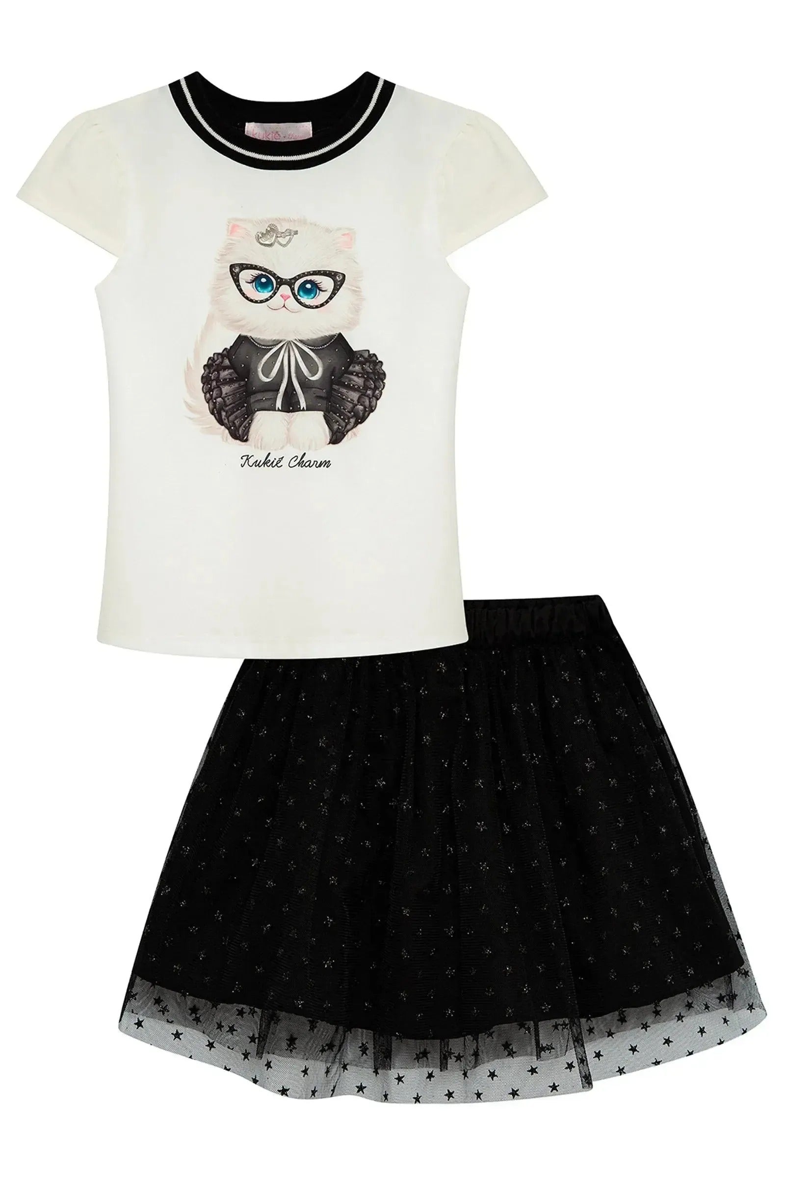 Conjunto Infantil Menina Kukiê com Saia em Tule Preta Estrelinha e Blusa Gatinha Strass