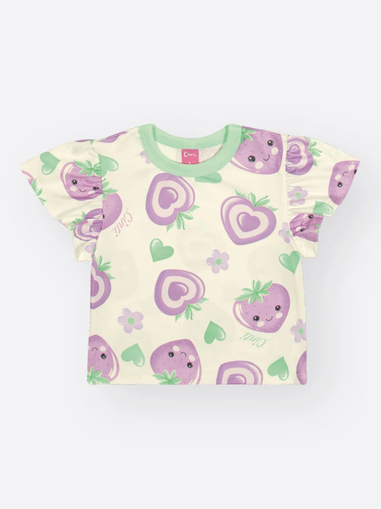 Conjunto Infantil Cinti Inverno com Shorts e Blusa Manga Curta Branca Moranguinho