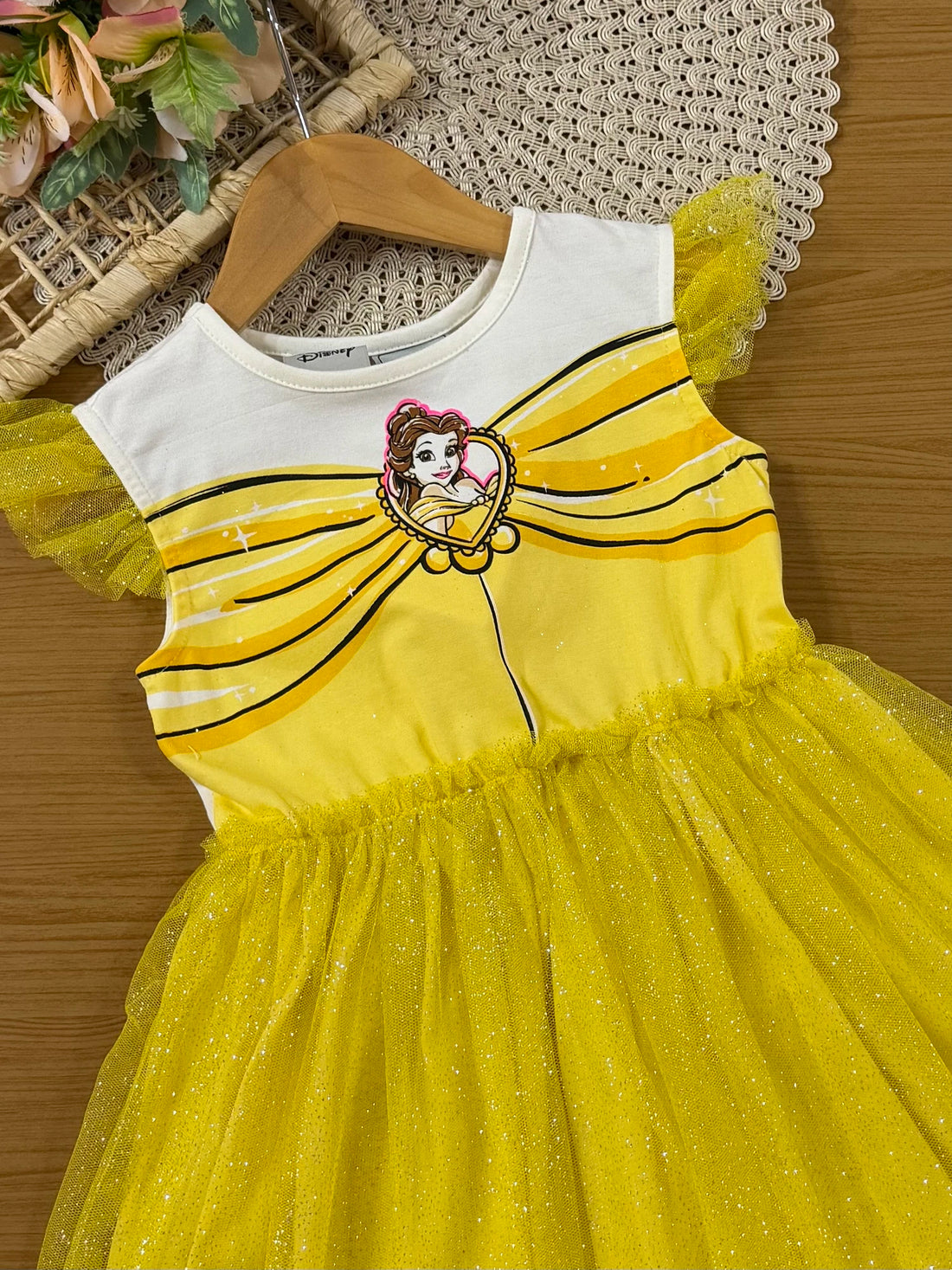 Vestido Infantil Bimbi Inverno com Tule e Brilho Amarelo Bella Disney