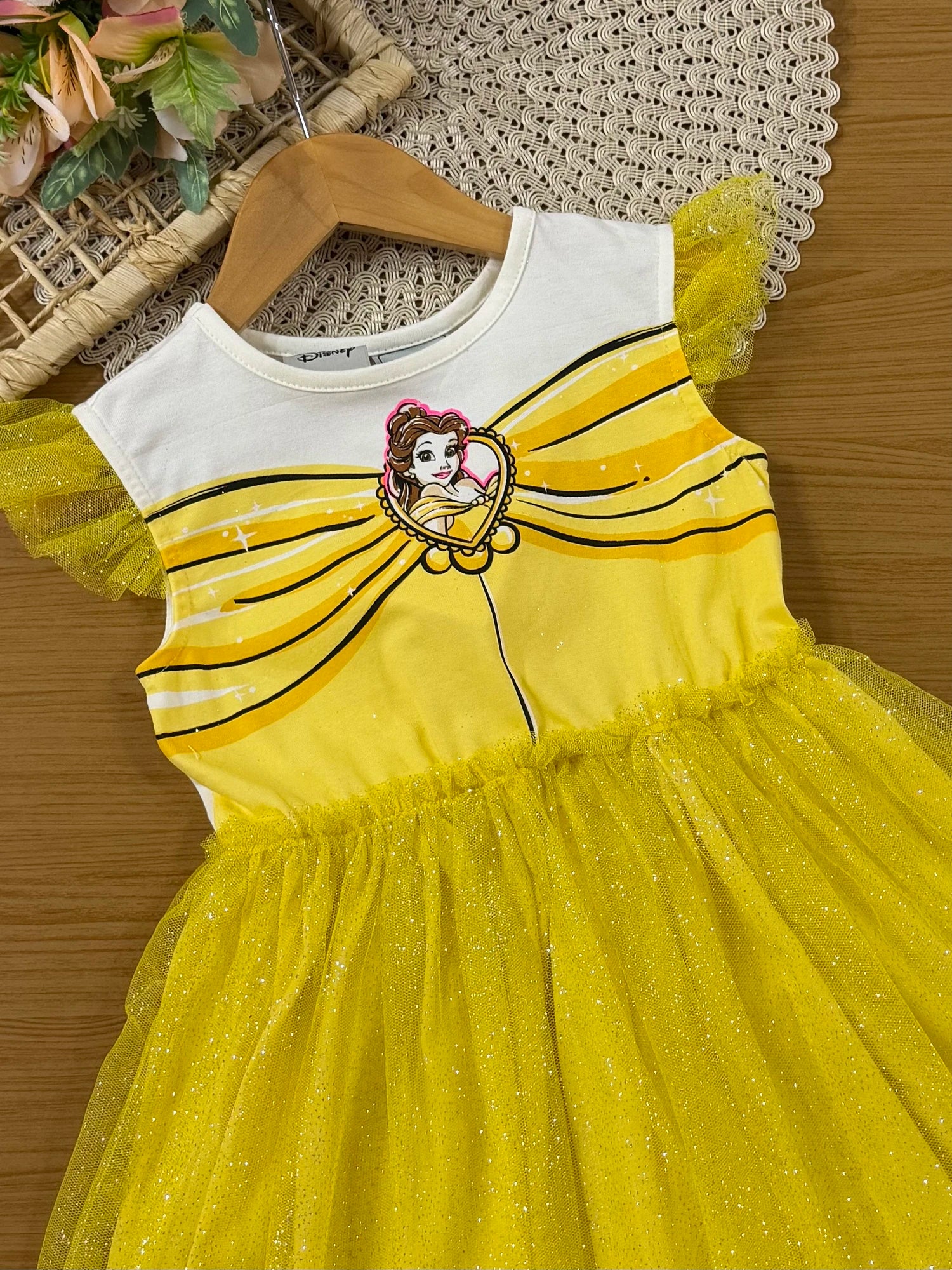 Vestido Infantil Bimbi Inverno com Tule e Brilho Amarelo Bella Disney