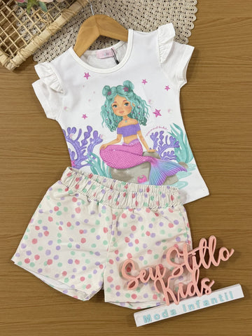 Conjunto Infantil Kukiê com Shorts Off White e Blusa Sereia Fundo do Mar