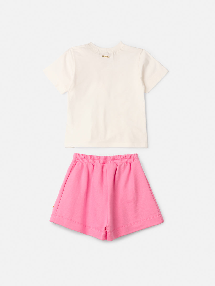 Conjunto Infantil Animê Verão Shorts Rosa e Blusa Branca Lacinho