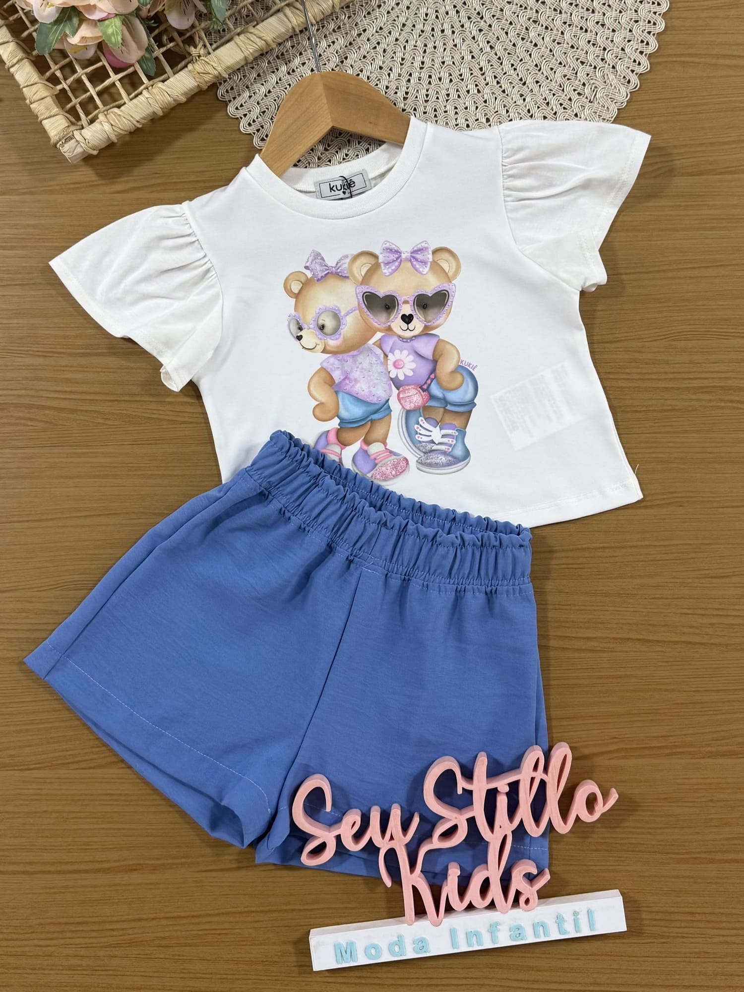Conjunto Infantil Kukiê com Shorts Azul e Blusa Manga Curta Ursinhos
