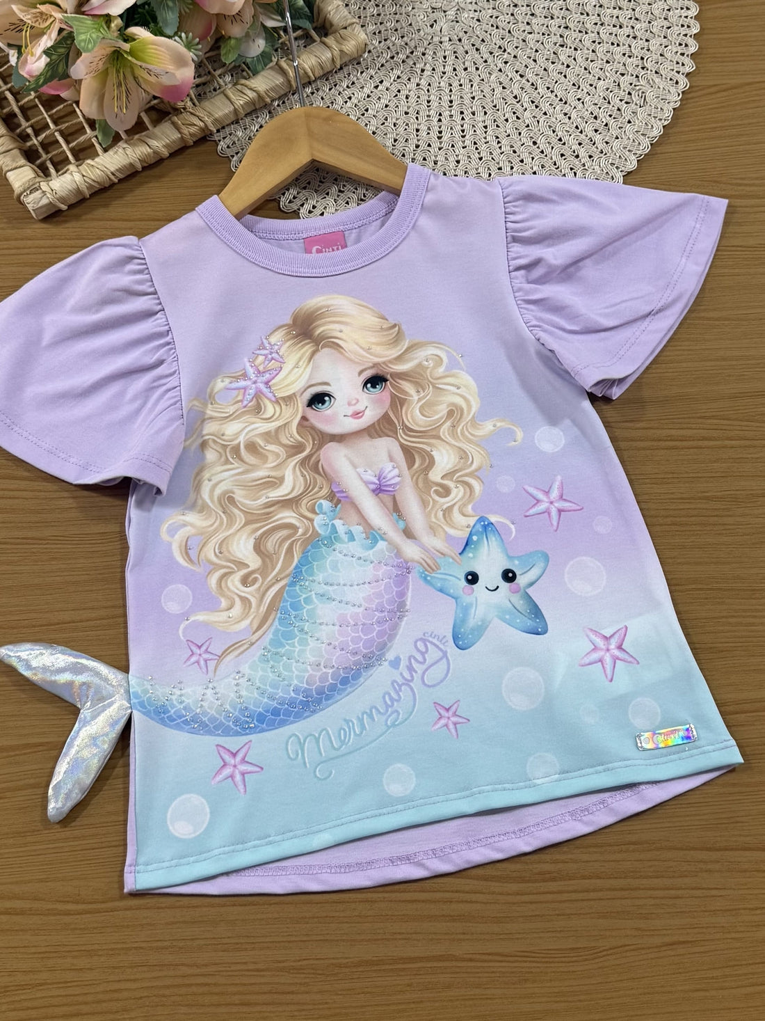 Conjunto Infantil Cinti Verão com Calça Holográfica e Blusa Lilás Sereia