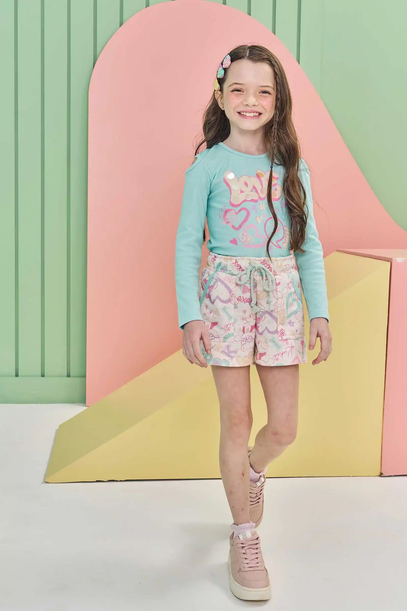Conjunto Infantil Kukiê Inverno com Shorts e Blusa Manga Longa Azul Love