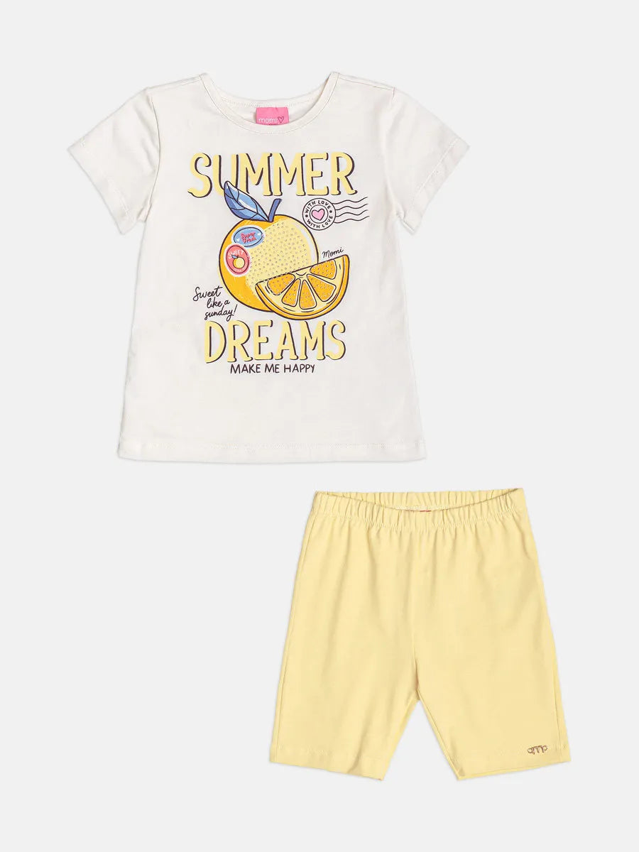 Conjunto Infantil Menina Momi Shorts Ciclista Amarelo e Blusa Laranjinha Strass