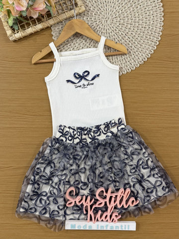 Conjunto Infantil Momi Verão com Saia em Tule e Regata Branca Lacinho