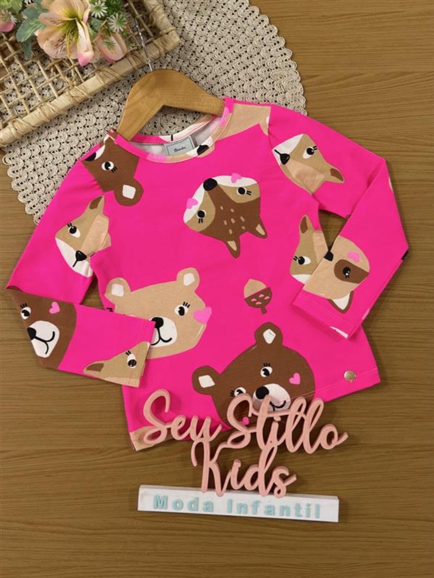 Blusa Infantil Bimbi Inveno Manga Longa Rosa Bichinhos