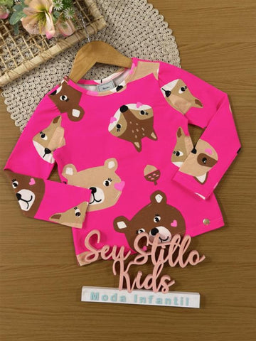 Blusa Infantil Bimbi Inveno Manga Longa Rosa Bichinhos