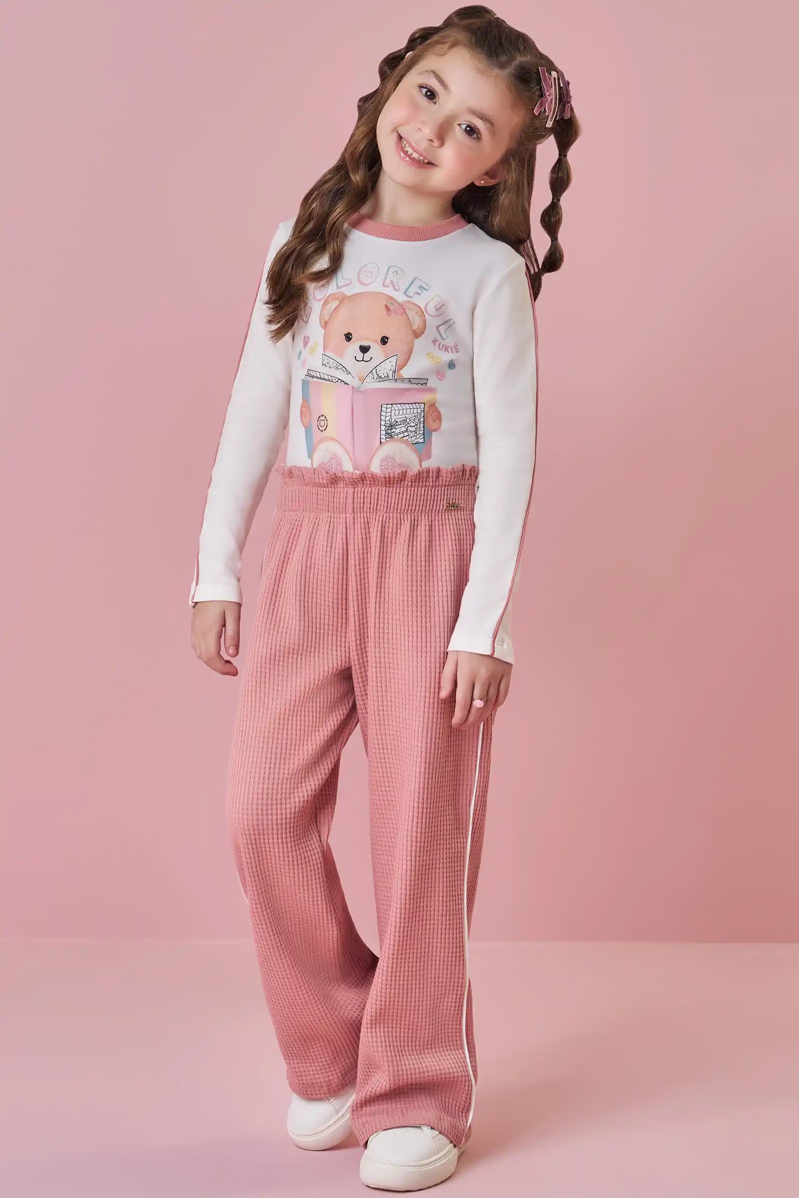 Conjunto Infantil Kukiê Inverno com Calça Rosa e Blusa Manga Longa Ursinha Colorful
