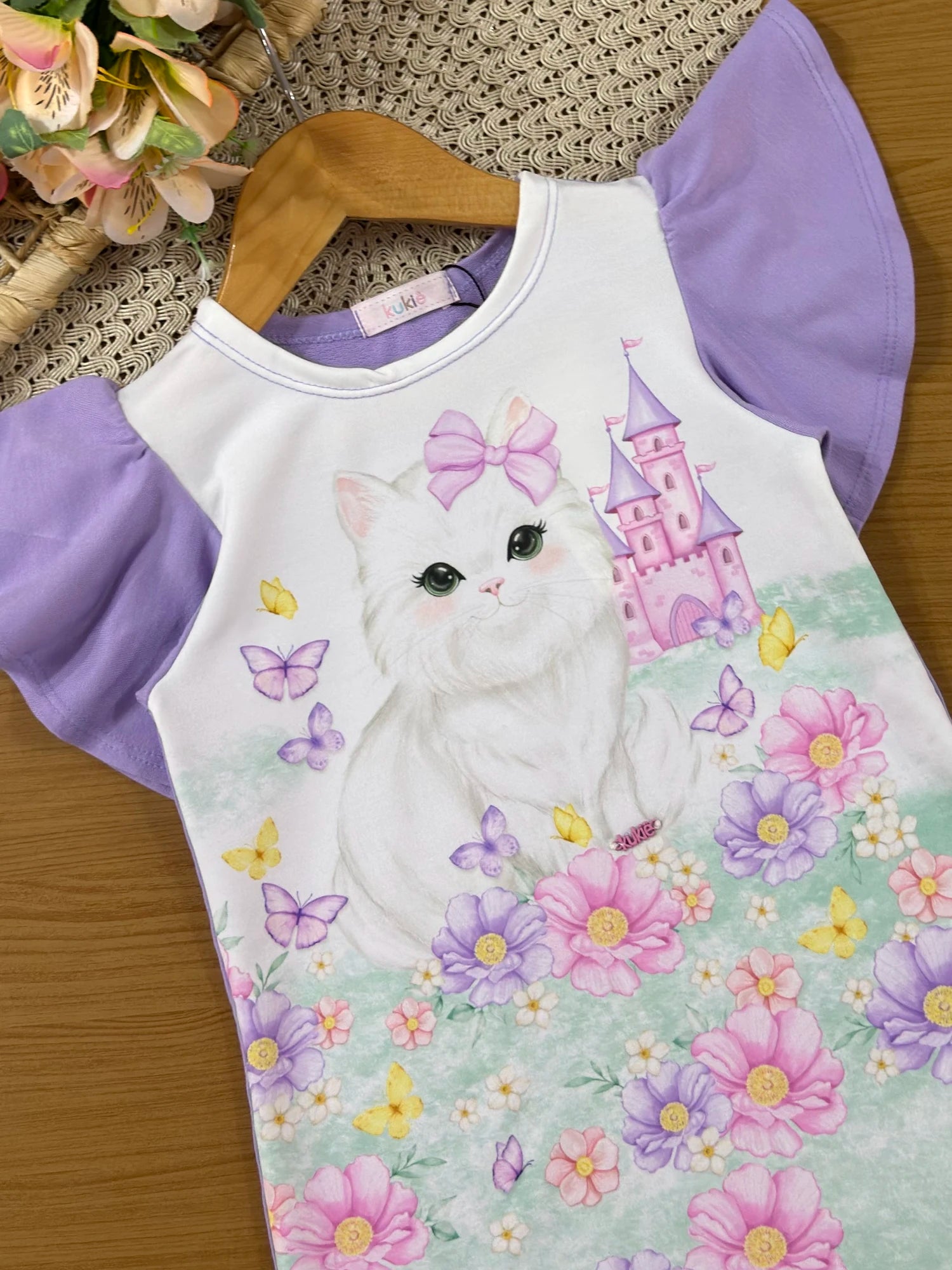 Vestido Infantil Kukiê Lilás Gatinha Floral