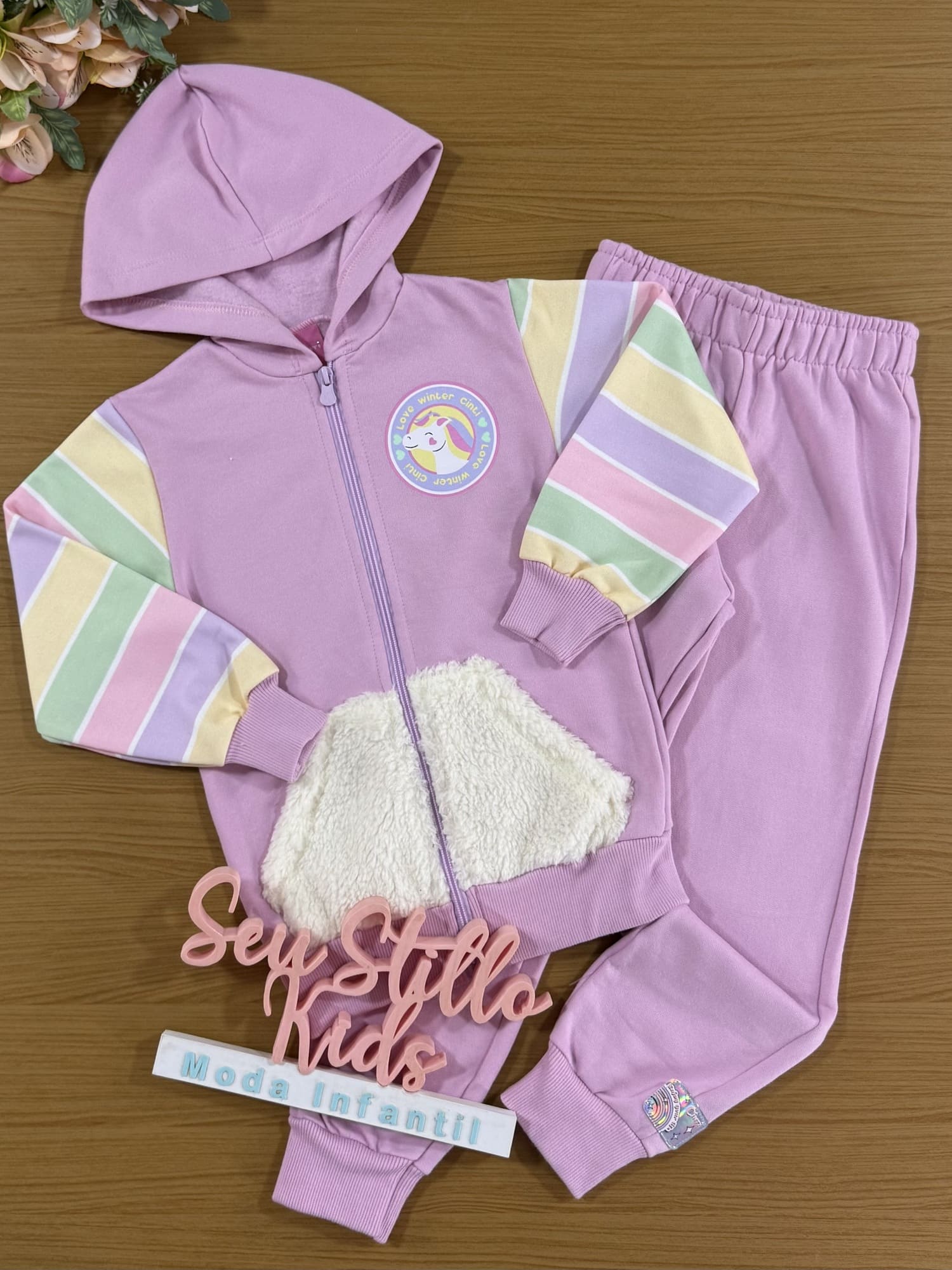 Conjunto Infantil Cinti Inverno Calça e Moletom Flanelado Lilás Unicórnio