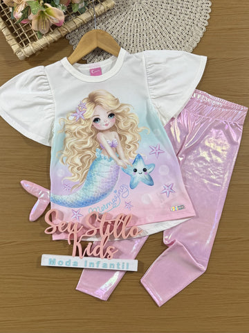 Conjunto Infantil Cinti Verão com Calça Rosa Holográfica e Blusa Branca Sereia