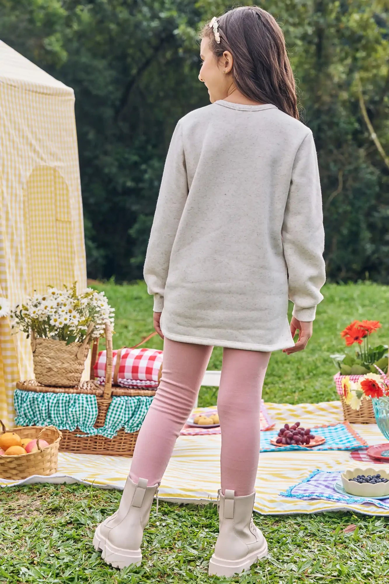 Conjunto Infantil Kukiê Inverno com Calça Legging Rosa e Moletom Flanelado Ursinha Flor