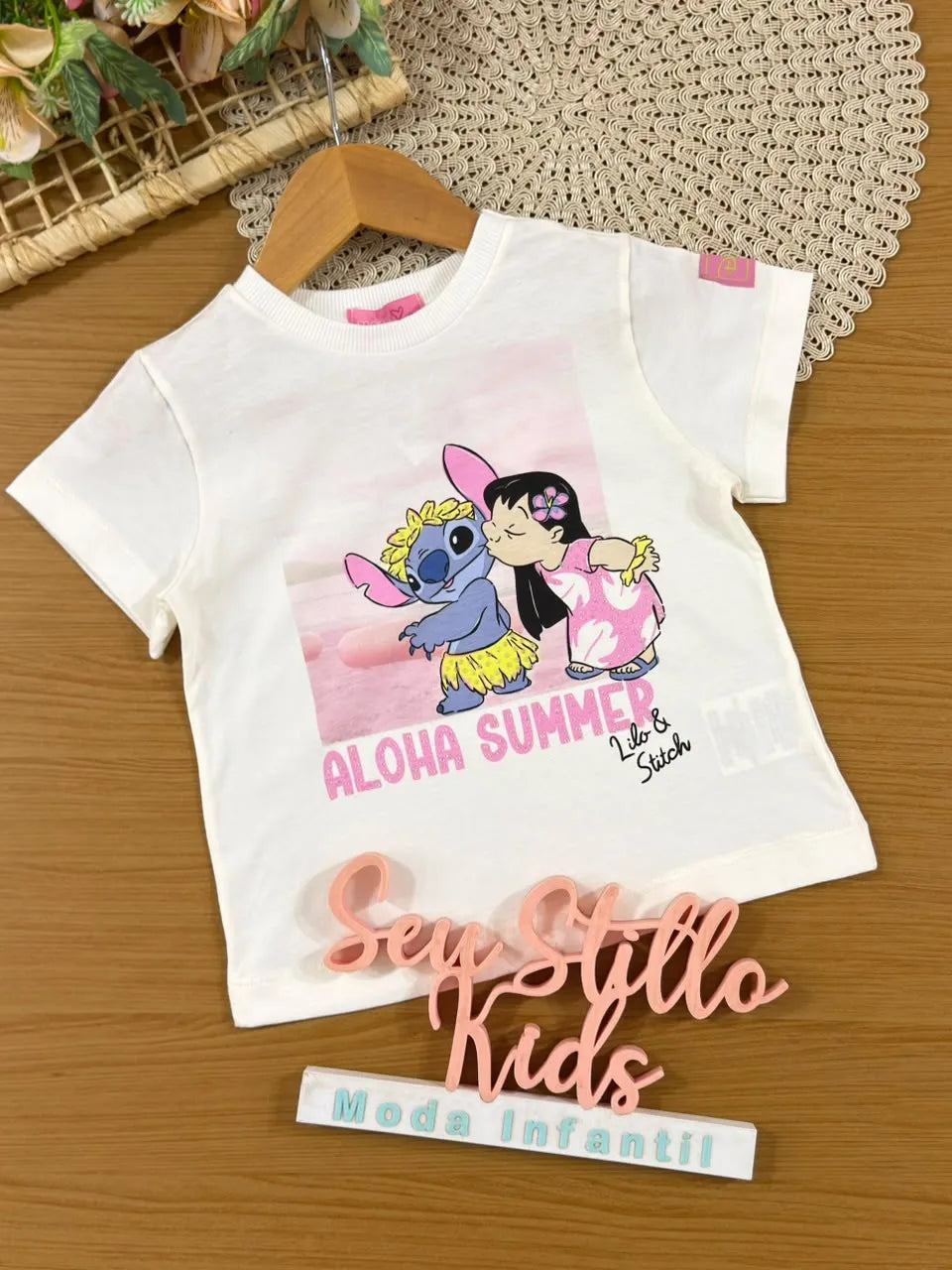 Blusa Infantil Menina Momi Off White Lilo e Stitch Strass Disney