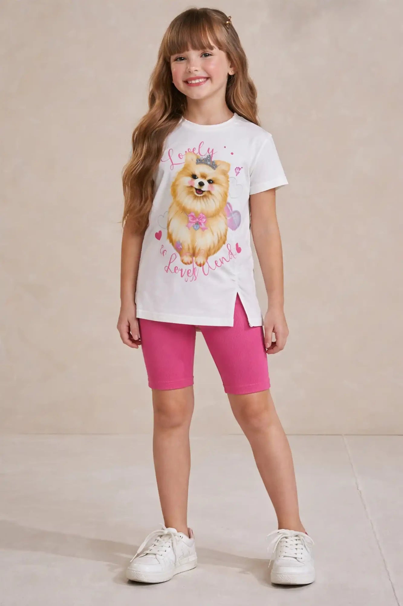 Conjunto Infantil Kukiê com Shorts Ciclista Rosa e Blusa Manga Curta Cachorrinha