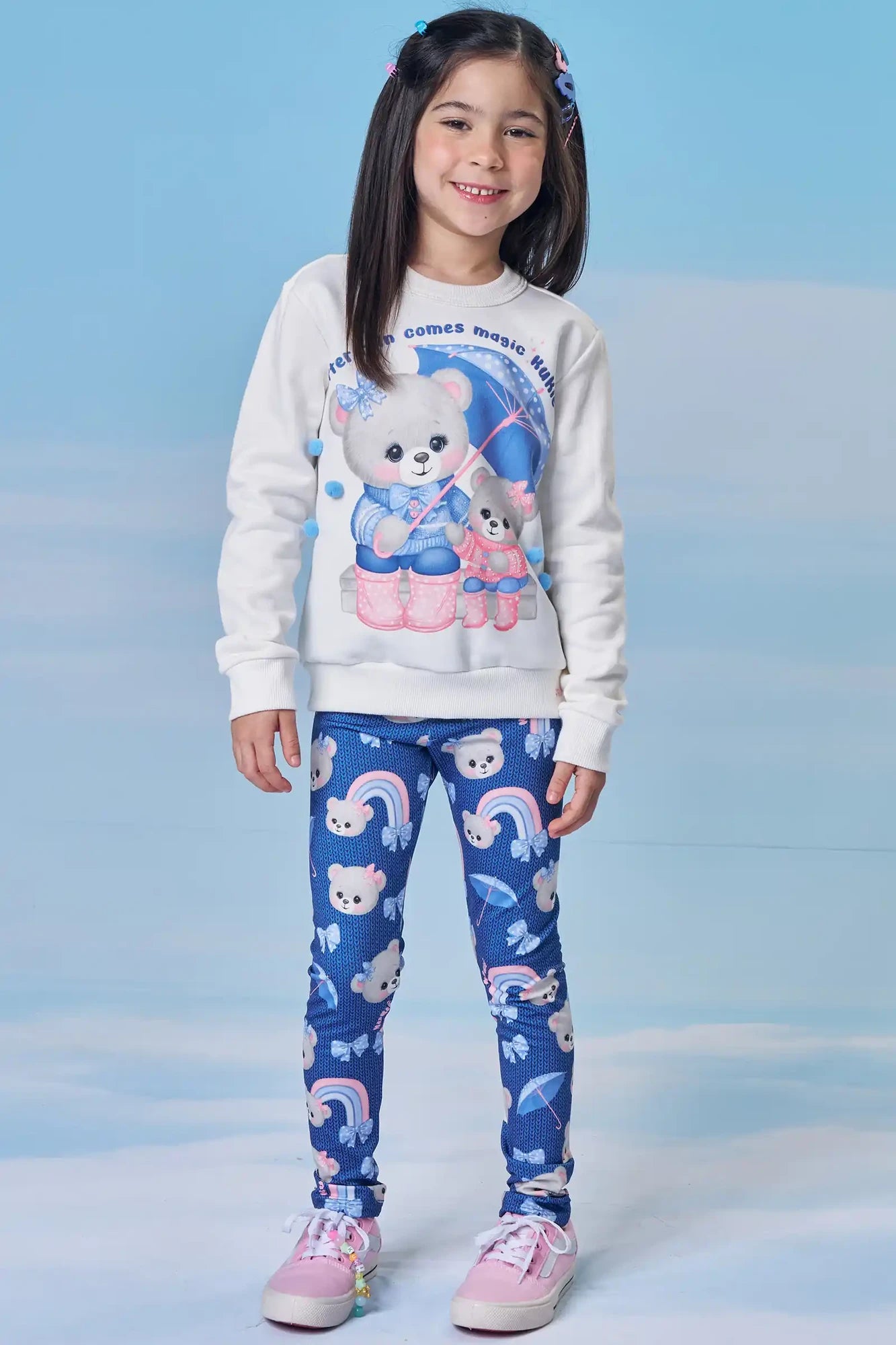 Conjunto Infantil Kukiê Inverno com Calça Legging Azul e Moletom Flanelado Ursinhas Pom Pom