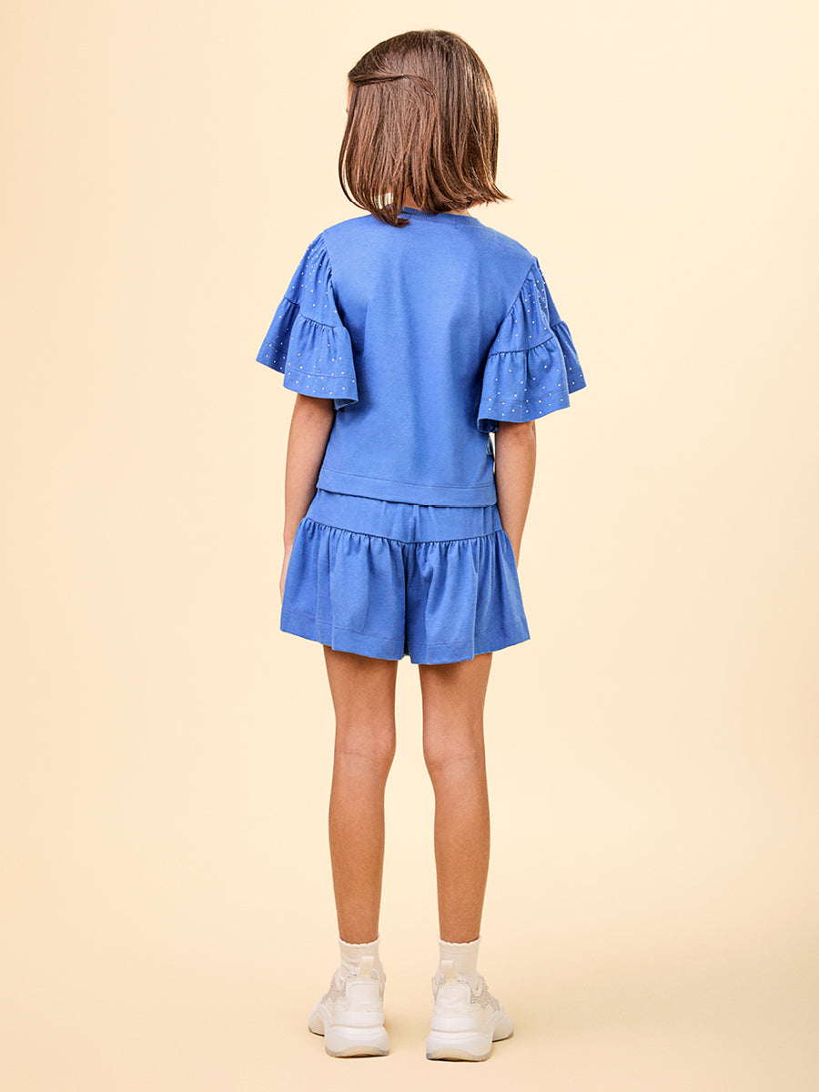 Conjunto Infantil Animê Verão Shorts e Blusa Azul com Strass