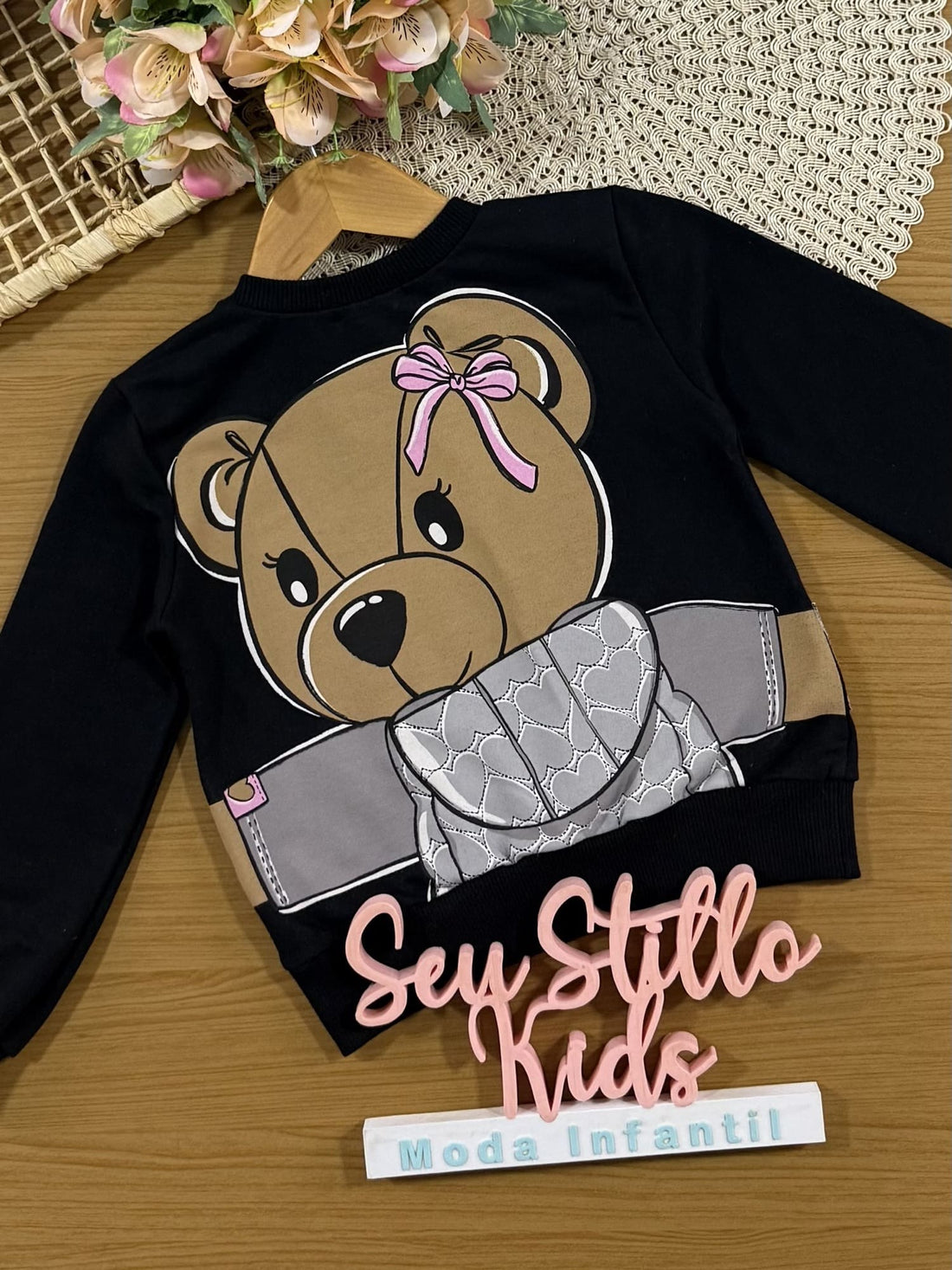 Moletom Infantil Momi Inverno sem Flanela Preto Ursinha Best Friend