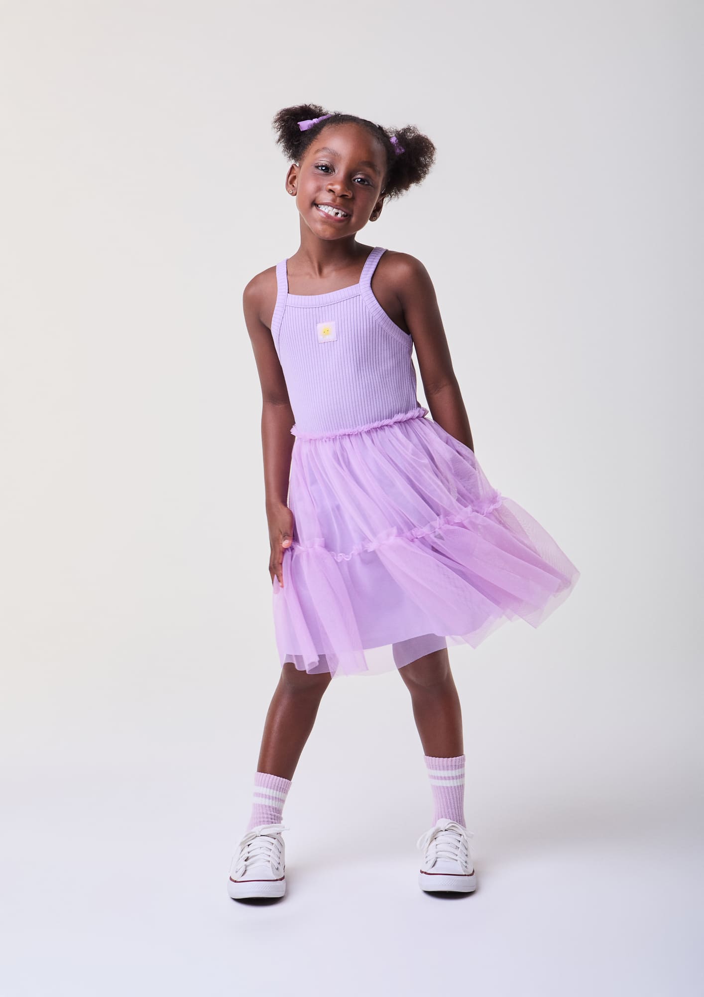 Vestido Infantil Bimbi Verão Lilás com Sobreposição em Tule