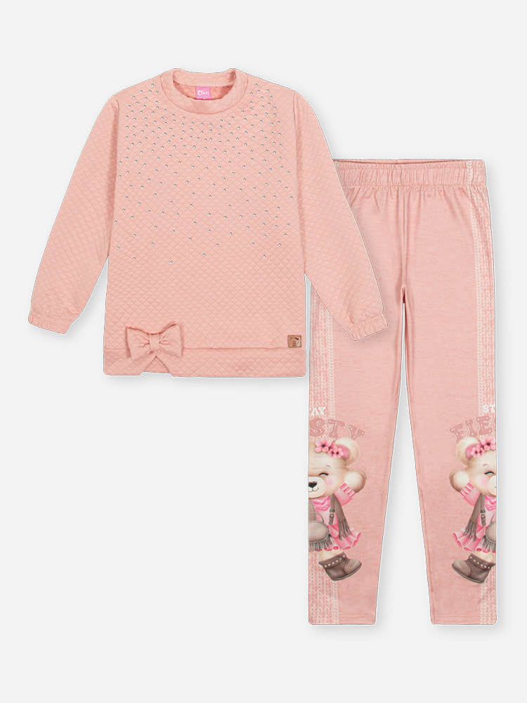 Conjunto Infantil Cinti Inverno, Calça Legging e Moletom sem Flanela Rosa com Strass