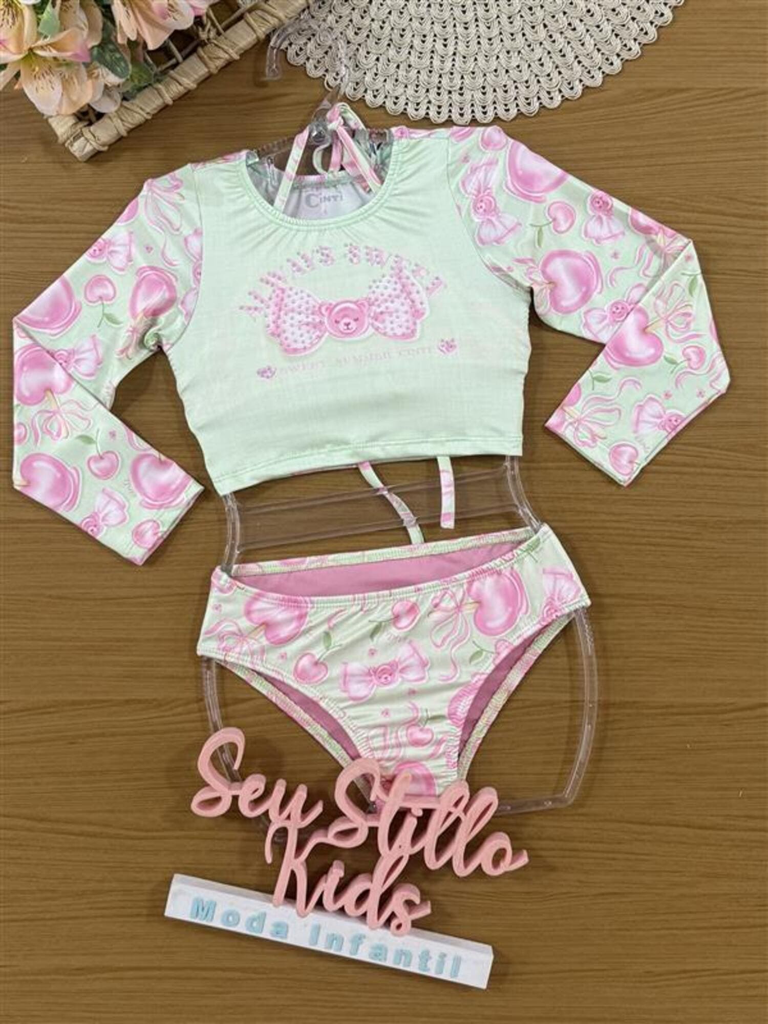 Biquíni Infantil Cinti Verão com Blusa Manga Longa Verde Docinhos