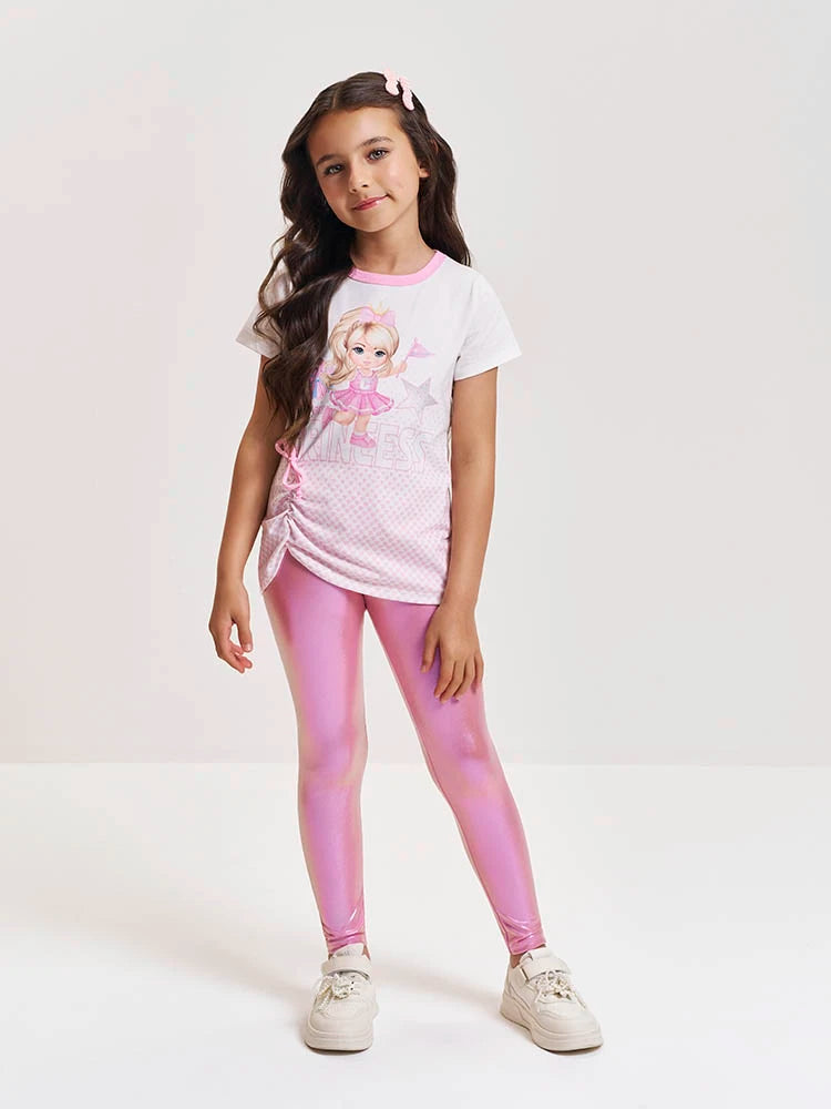 Conjunto Infantil Cinti Verão com Calça Legging Rosa Holografico e Blusa Lider de Torcida