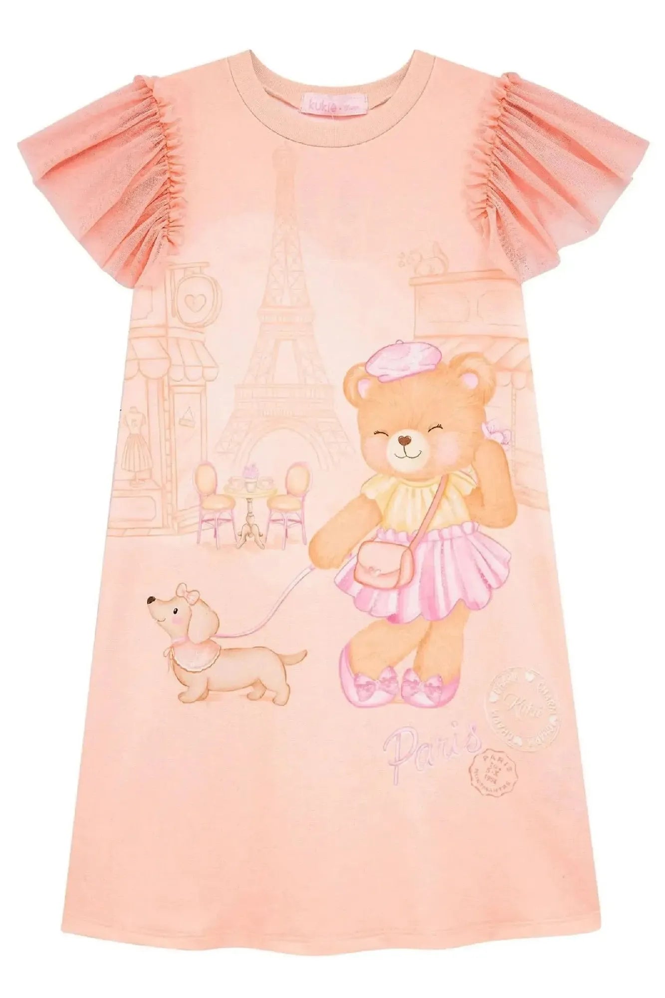 Vestido Infantil Kukiê Salmão Ursinha Paris