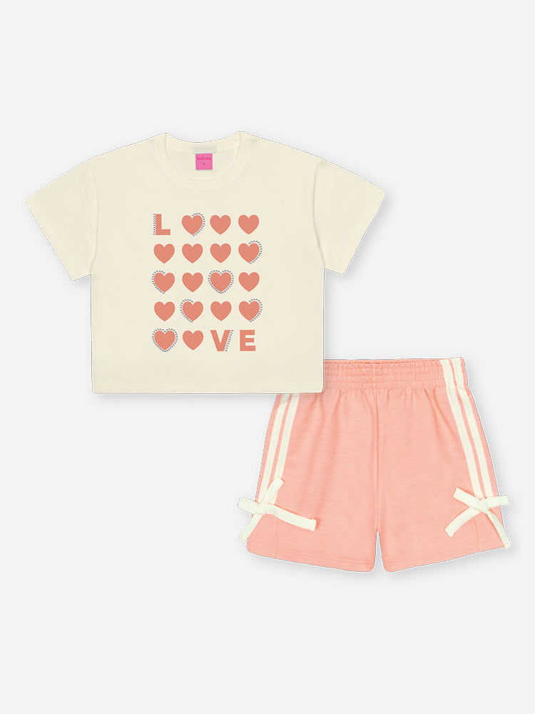 Conjunto Infantil Belime Verão com Shorts Laranja e Blusa Branca Love Corações
