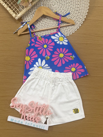 Conjunto Infantil Bimbi Verão com Shorts Branco e Blusa Floral