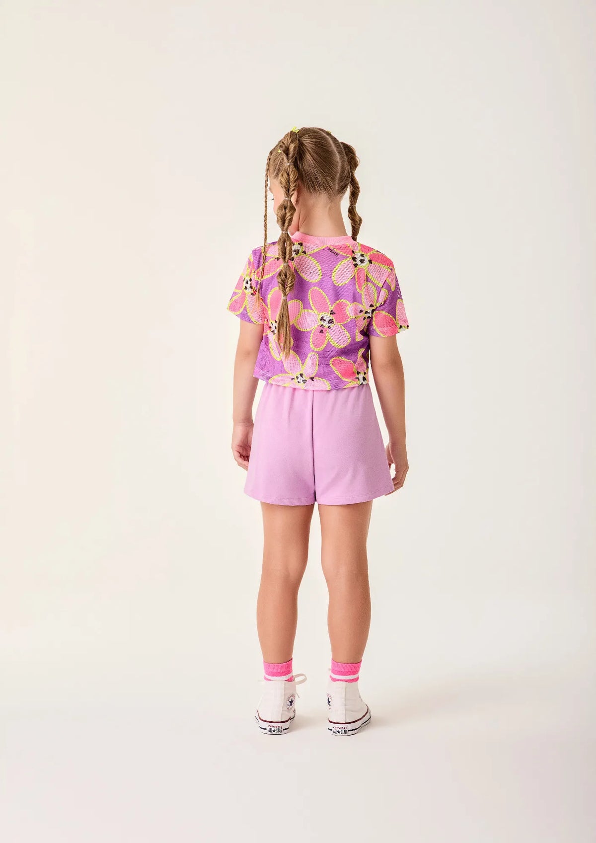 Conjunto Infantil Menina Bimbi com Shorts e Blusa Lilás com Sobreposição em Tela Florida