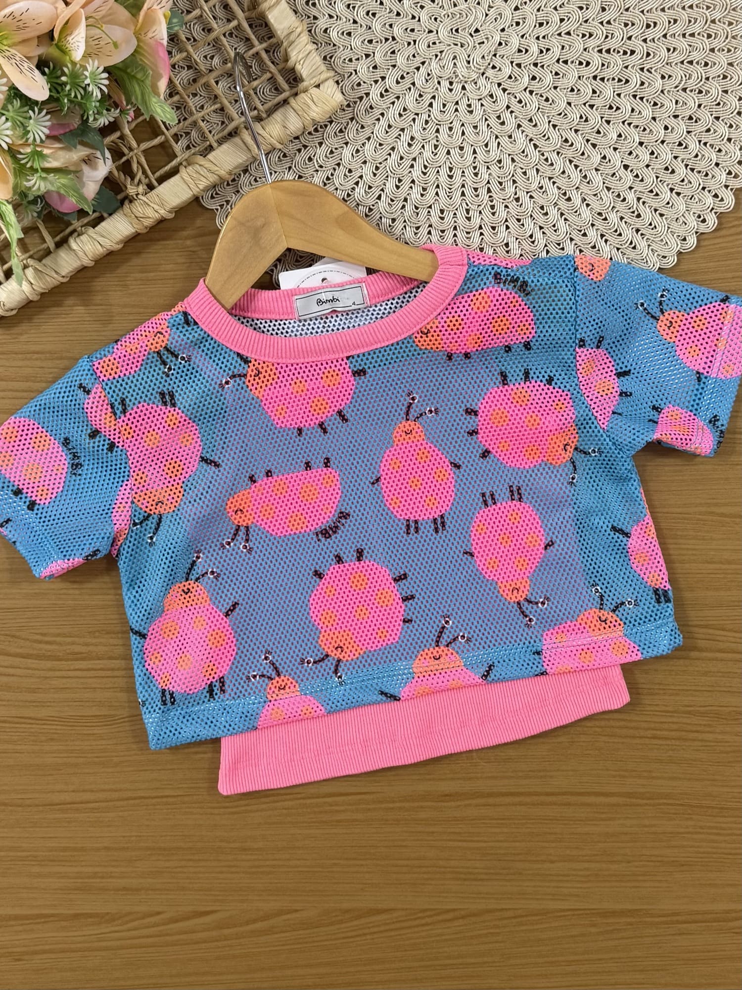 Conjunto Infantil Bimbi Verão, Shorts e Regata Rosa com Sobreposição em Tela Joaninha